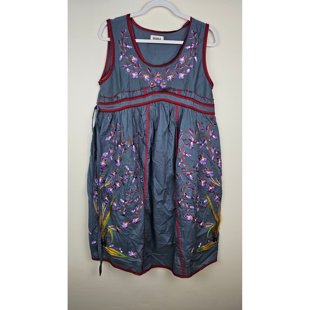 Nana Sleeveless Dress Women Medium Blue Floral Embroidered Cottagecore Boho